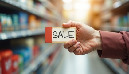 Hand holding sale tag in store aisle with product shelves
