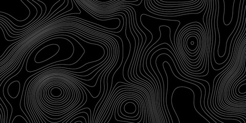White line black abstract topography with contour map curve paper geography mountain relief seamless ornament design background, landscape terrain black and white cartography geographic background.