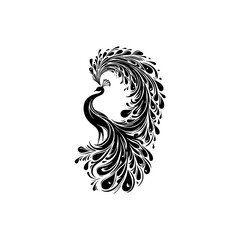 Majestic Peacock Silhouette in Fluid Dance Pose – Abstract Vector Art with Intricate Feather Details