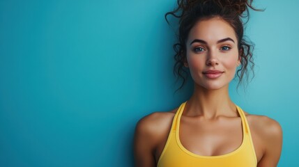 Fototapeta premium confident young woman in yellow sports bra against blue backgrou