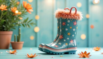  Floral rain boots with vibrant colors against a blue background