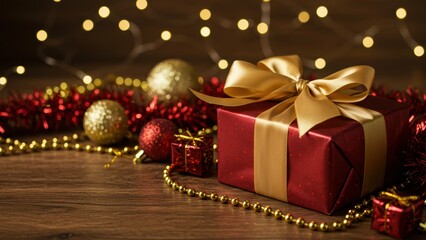 Red gift box with gold bow on wooden table surrounded by festive ornaments Celebrates Christmas and holiday spirit
