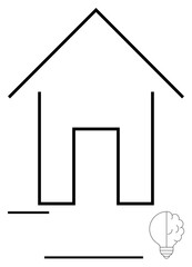 Simple house outline with open doorway and lightbulb emitting a cloud pattern. Ideal for creativity, innovation, home design, ideas, architecture, simplicity, and brainstorming themes. Flat simple