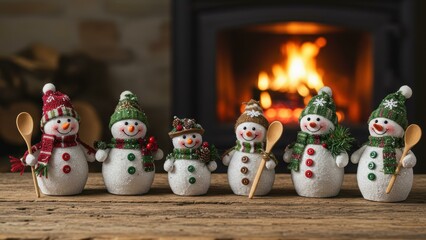 Snowmen figures decoratively arranged near fireplace in cozy setting, evoking holiday spirit and winter charm