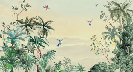 Chinoiserie Mural Wallpaper - Timeless Elegance Design, Watercolor Background, Birds. © Sharif