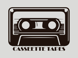 Stylized audio cassette tape illustration with a retro design, evoking nostalgia for vintage music, illustration cassette tape logo vector