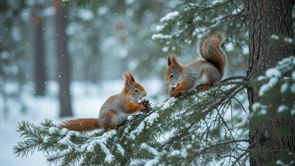 Two brown squirrels interact in a snowy forest Winter wildlife scene showcasing nature and animal behavior