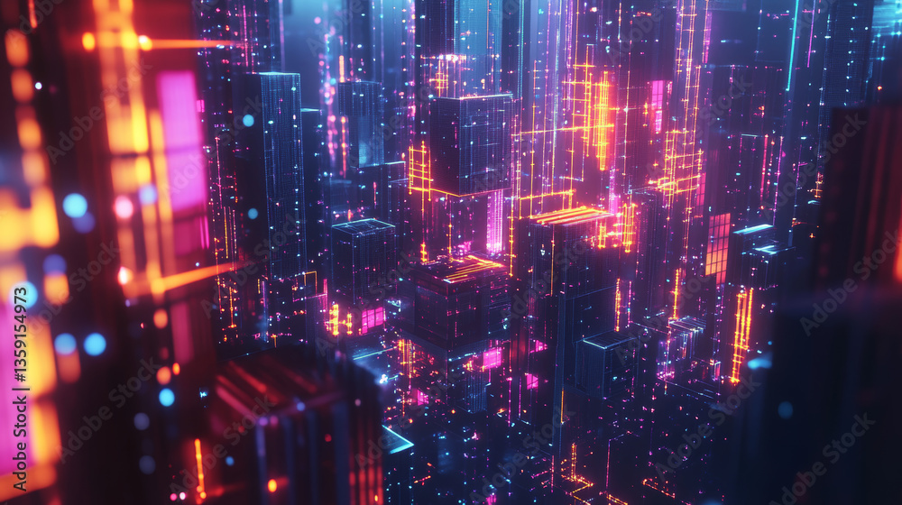 Poster global network. blockchain 3d illustration. neural networks and artificial intelligence. concept of 