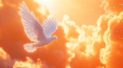 Fototapeta premium White dove flying in golden sky. Symbol of Holy Spirit, peace, and hope. Religious concept for Pentecost, Easter, baptism. Spiritual artwork for Christian greeting card