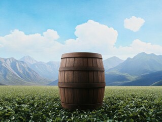 Obraz premium Wooden barrel on green crop field