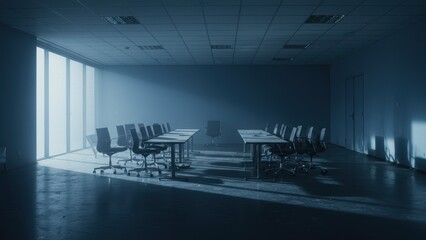 Empty conference room with modern furniture and natural light creating a shadowy atmosphere Ideal for business concepts