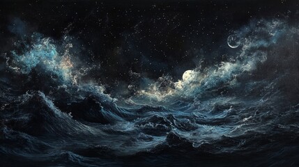 making the ocean surface appear darker, while the turbulent waters reflect the moonlight subtly. The background is a dark space with a few twinkling stars.