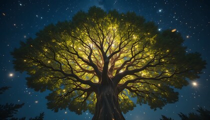 Fototapeta premium Enchanted Bidara (Jujube/Sidr) Tree Reaching the Starry Sky with Glowing Leaves and Fruits