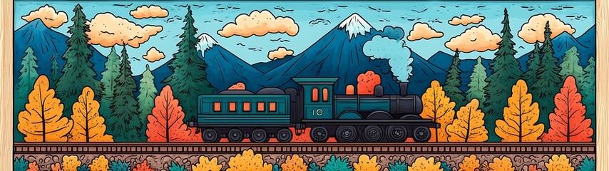An illustrated train travels through a vibrant mountain landscape