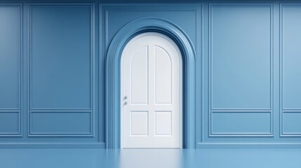 An elegant white arched door in a blue paneled wall