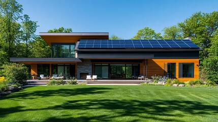 Modern residence with integrated solar panels sharp minimalist design lush lawn sunny eco-conscious atmosphere.  