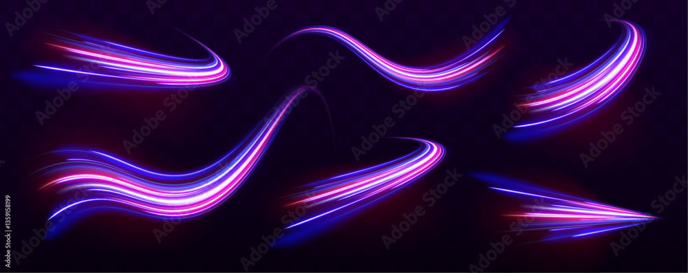Fototapete Vector illustration of blue abstract background with blurred magic neon light curved lines. High speed effect motion blur, abstract flash perspective vector set. Particle motion light effect. 