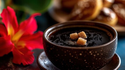 Dark Coffee with Sugar Cubes and Flower