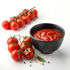 Tomato ketchup in small black ceramic dish isolated on white. Top view