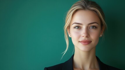 confident young woman portrait against teal background