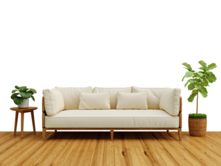 Free PNG wallpaper mockup Comfortable and stylish living room with a sofa and plants in Interior Living Room, 3D rendering