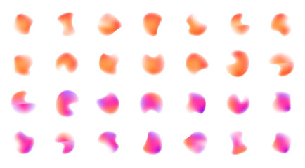 Iridescent chrome drops or hologram irregular freeform organic shapes. Gradient aura, grain neon blob with noise effect vector illustration. Blur gradient circle transparent PNG ball gradient.