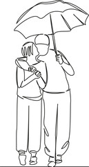 One continuous single drawing line art flat doodle walking, umbrella, rain, togetherness, person, bonding, two people. Isolated image hand draw contour on a white background, hand drawn, not AI