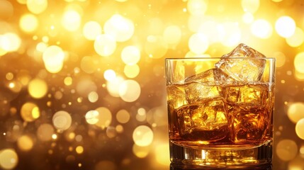 Illustration of sparkling whiskey on the rocks with a golden bokeh background for elegant aesthetic
