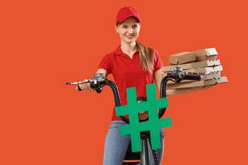 Female courier with food containers, hashtag sign and scooter against color background