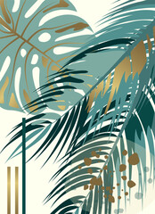 Tropical palm leaves and monstera. Botanical print, abstract nature illustration, elegant green and gold leaves, minimalist decor, exotic fashion vector design with watercolor splashes