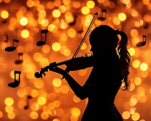 Fototapeta premium Silhouette of Violinist Against Bokeh Lights.