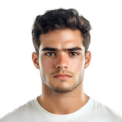 Fototapeta premium Portrait of a young man with brown hair and hazel eyes, wearing a white shirt against a bright, neutral background in a studio setting.