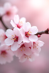  A close-up of Sakura blossom delicate pink flowers with soft petals and visible stamens, set against a blurred background.