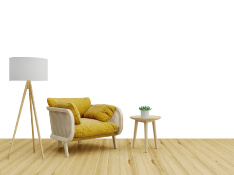 Free PNG wallpaper mockup Yellow armchair in a bright and cozy living room in Interior Living Room, 3D rendering