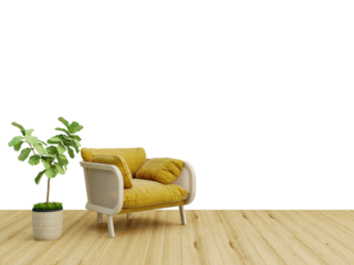 Free PNG wallpaper mockup Cozy living room with yellow armchair, plant, and framed artwork in Interior Living Room, 3D rendering