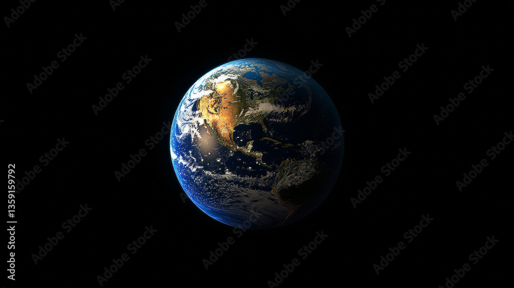 Poster planet earth 3d illustration. transparent pixel map with luminous elements on a dark abstract backgr