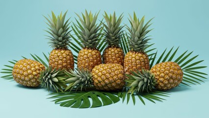 Pineapples arranged with green leaves on a blue background Focus on freshness, healthy eating, and vibrant colors