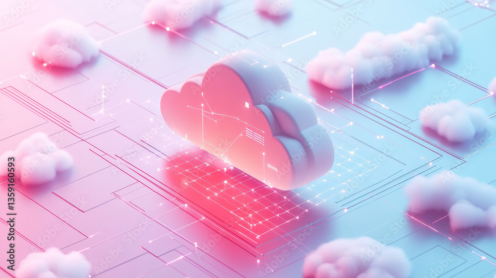 Poster cyber network 3d illustration. cloud technology. blockchain and database security. polygonal grid an
