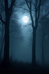 Obraz premium A mysterious forest scene at night, illuminated by a bright full moon shining through bare tree branches.