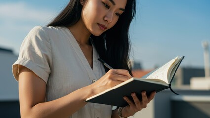 Young Asian woman writing in a notebook outdoors in an urban environment under a sunny sky, showcasing creativity