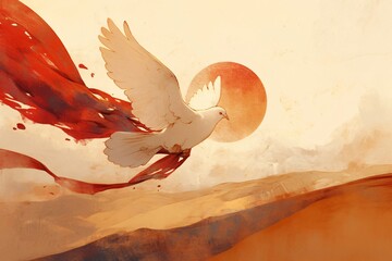 Dove with red flowing wings soaring towards sun over desert landscape. Artistic watercolor for Pentecost, Confirmation, peace concept. Christian symbol for greeting card