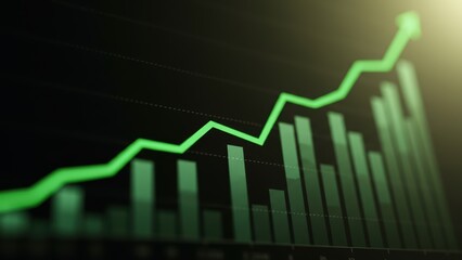 Line graph shows financial growth with green arrow representing economic success and analysis