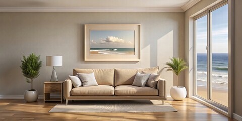 Fototapeta premium Coastal living room with beige sofa, framed beach scene, and large windows with an ocean view