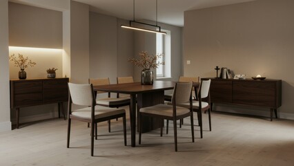 Modern dining room with wooden furniture and stylish lighting, featuring cozy atmosphere and minimalistic design