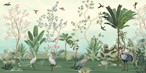 Hand painted wallpaper and fabrics, Tropical Wall Mural, Birds, Watercolor background.  © Sharif