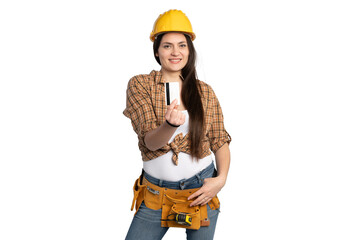 Female construction worker holding a credit card