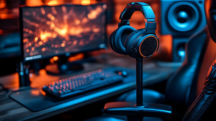 Obraz premium High-quality gaming headset on a sleek stand in a vibrant gaming setup with glowing lights