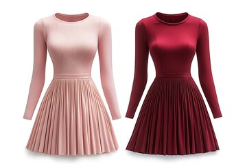 Obraz premium Elegant Long Sleeve Pleated Dresses in Pink and Maroon Colors Isolated on White