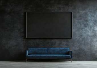 Modern Interior Design with a Blue Sofa and Empty Frame. Contemporary Living Room Decor. Stylish and Minimalist Design. A Dark and Elegant Space.