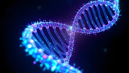 backgroud 3d  A vibrant 3D rendering of a DNA double helix, illuminated with glowing blue and purple lights against a dark background